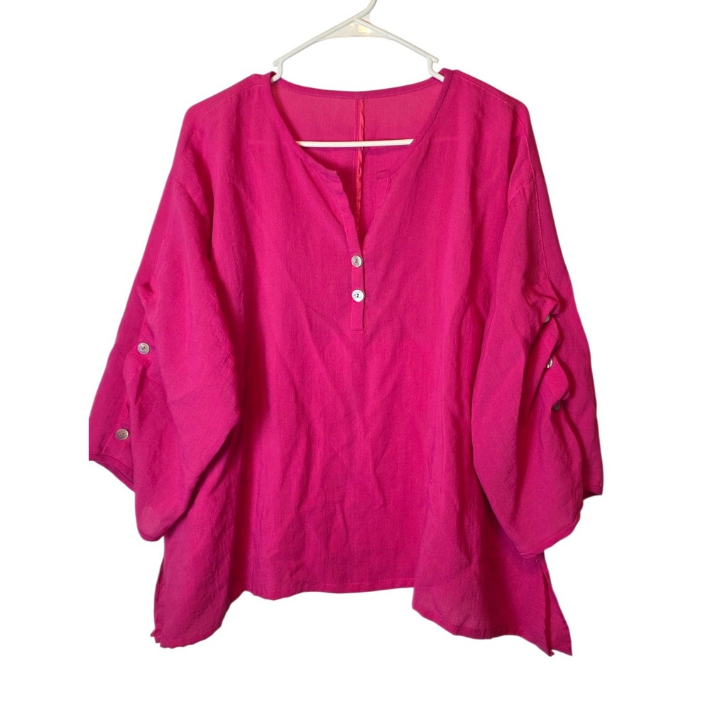 FRIDAZE Top L Linen Lagenlook Ripple Tide Boxy Blouse Popover Button Sleeve Pink
